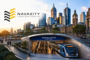 Melbourne Metro Tunnel Town Hall Station in Melbourne CBD, showcasing Australia's major urban rail infrastructure project.