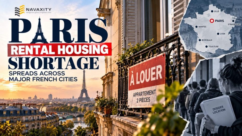Paris skyline and apartment buildings representing the city's rental housing shortage