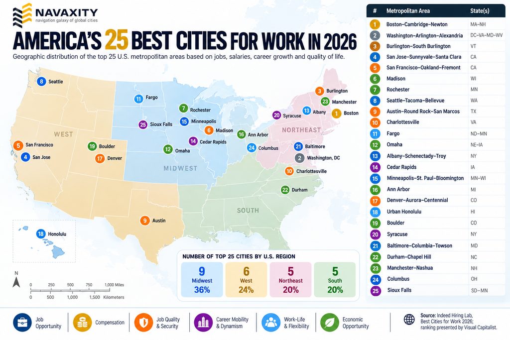 Map showing the geographic distribution of the 25 best U.S. metropolitan areas for work in 2026