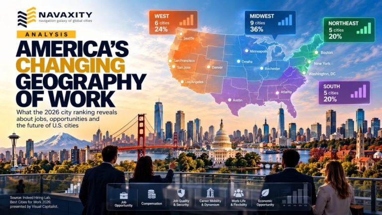 Map of America's changing geography of work in 2026 showing U.S. regions and major cities