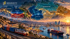 Middle Corridor trade route connecting Europe and China through Türkiye, the South Caucasus and Central Asia via rail and Caspian Sea shipping.