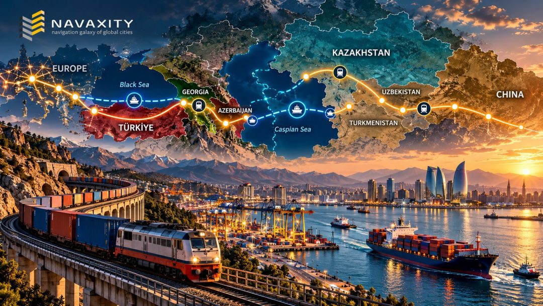 Middle Corridor trade route connecting Europe and China through Türkiye, the South Caucasus and Central Asia via rail and Caspian Sea shipping.