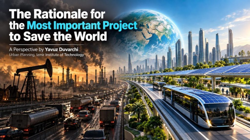 Oil-dependent industrial city contrasted with a sustainable city using solar-powered public transportation.