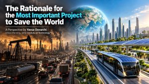 Oil-dependent industrial city contrasted with a sustainable city using solar-powered public transportation.