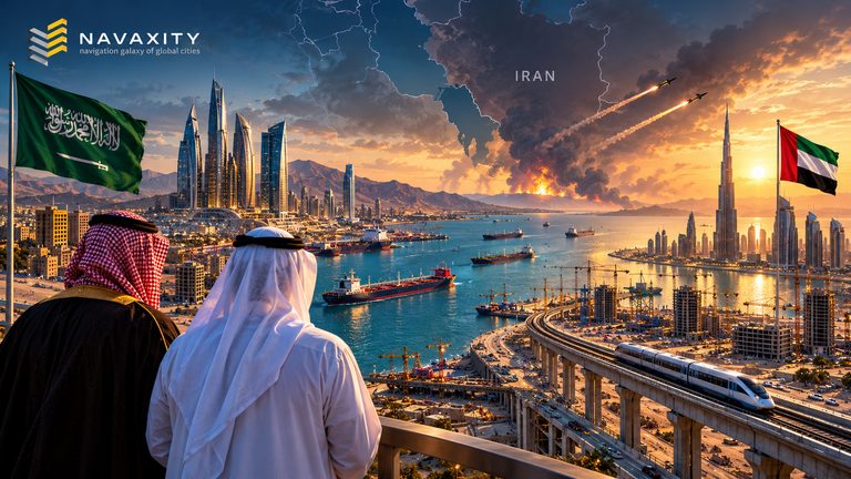 Futuristic Persian Gulf megaprojects, railway infrastructure and ports amid regional conflict