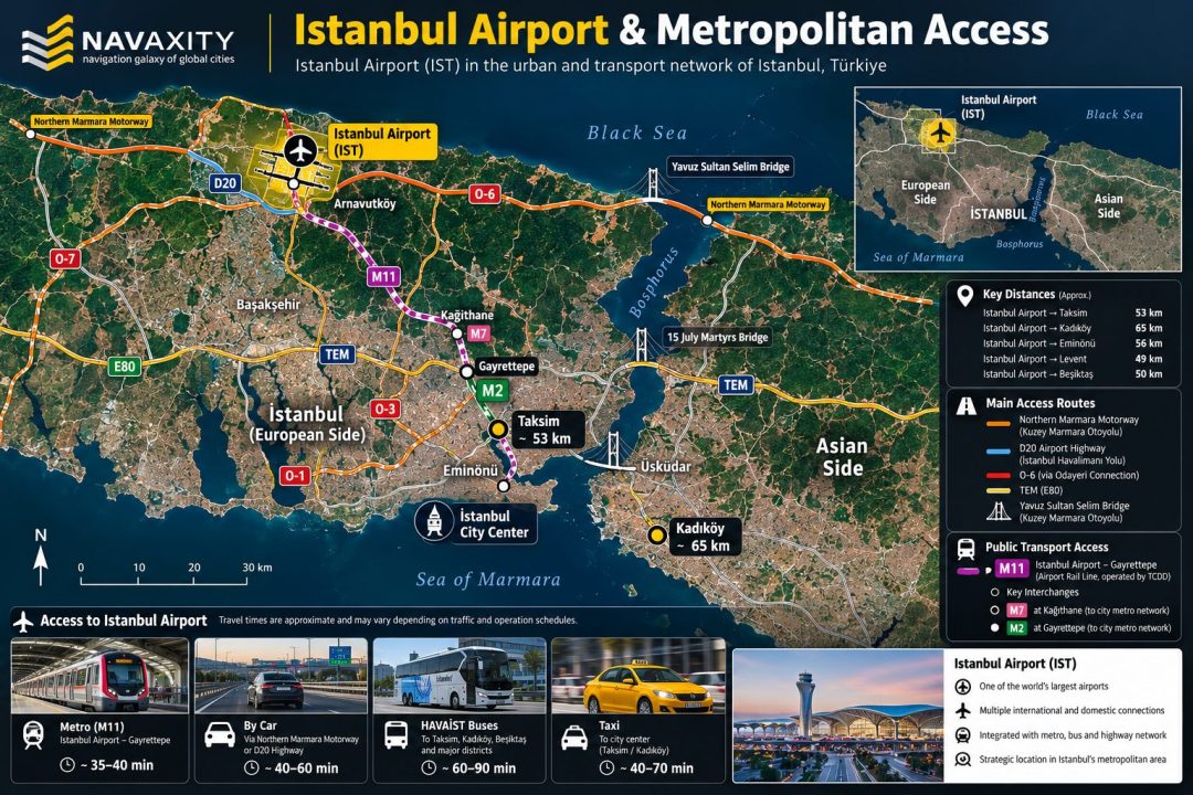 Istanbul Airport map showing road, metro and public transport connections to Istanbul city center