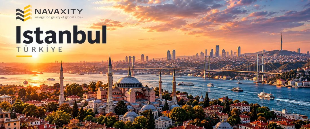 Istanbul skyline at sunset with the Bosphorus, bridges and historic city center