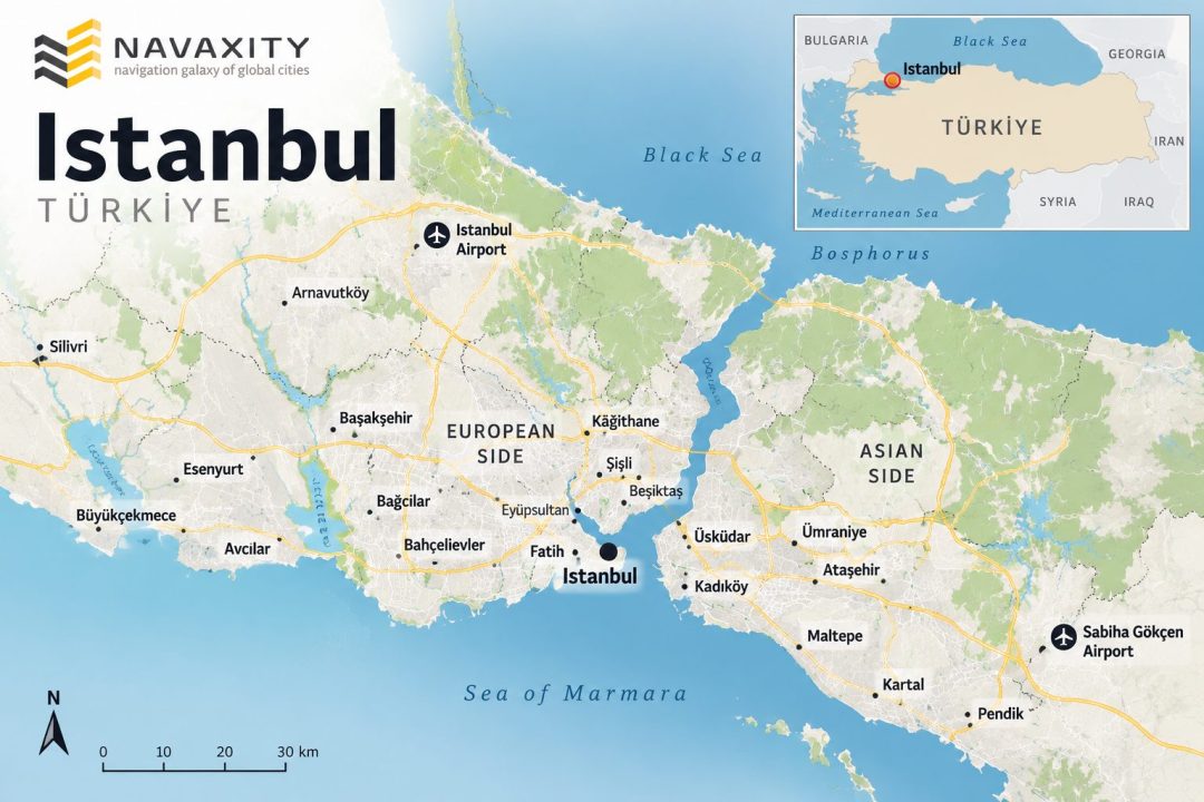 Map of Istanbul, Türkiye showing the European and Asian sides, Bosphorus, major districts, airports and transport routes
