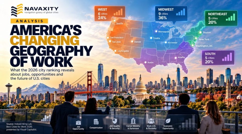 Map of America's changing geography of work in 2026 showing U.S. regions and major cities