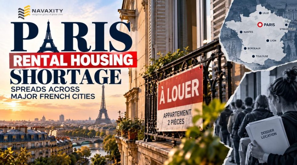 Paris skyline and apartment buildings representing the city's rental housing shortage