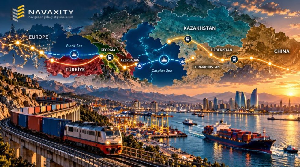 Middle Corridor trade route connecting Europe and China through Türkiye, the South Caucasus and Central Asia via rail and Caspian Sea shipping.