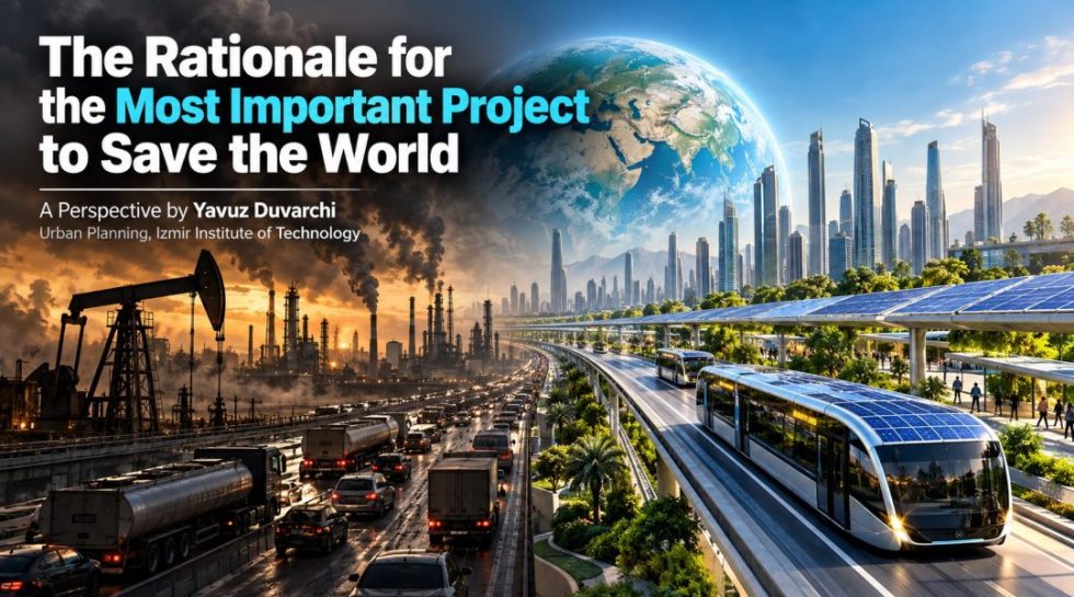Oil-dependent industrial city contrasted with a sustainable city using solar-powered public transportation.